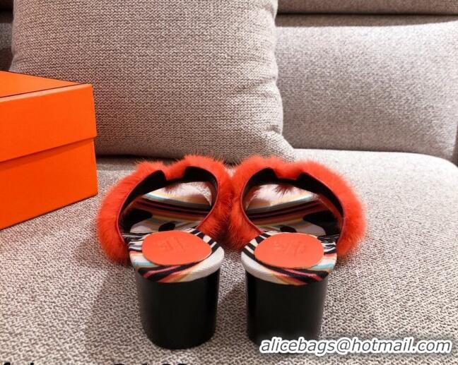 Sumptuous Hermes Oran Mink Fur Heeled Slide Sandals 4.5 cm 081432 Orange