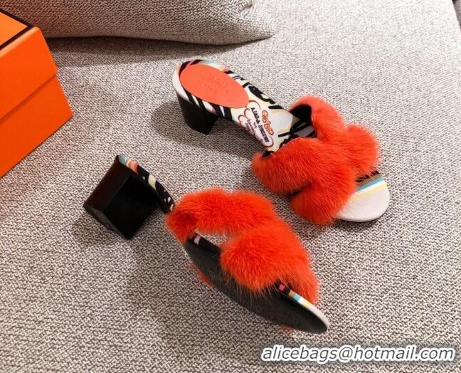 Sumptuous Hermes Oran Mink Fur Heeled Slide Sandals 4.5 cm 081432 Orange