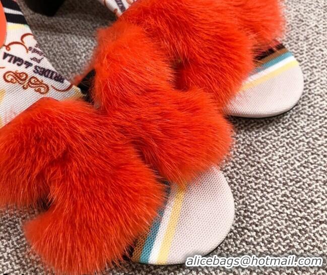 Sumptuous Hermes Oran Mink Fur Heeled Slide Sandals 4.5 cm 081432 Orange