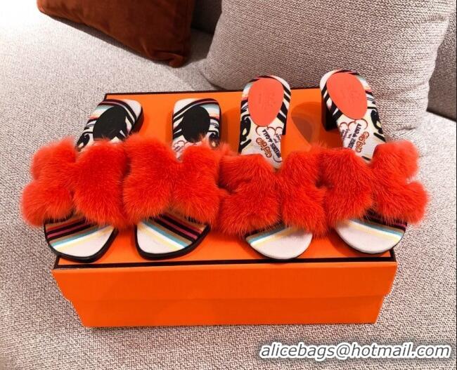 Sumptuous Hermes Oran Mink Fur Heeled Slide Sandals 4.5 cm 081432 Orange