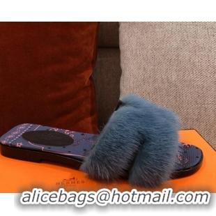 Hot Style Hermes Oran Mink Fur Flat Slide Sandals 081433 Dark Blue