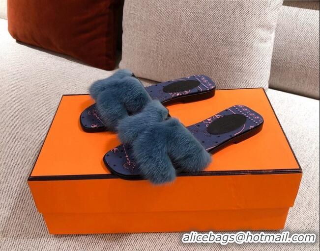 Hot Style Hermes Oran Mink Fur Flat Slide Sandals 081433 Dark Blue