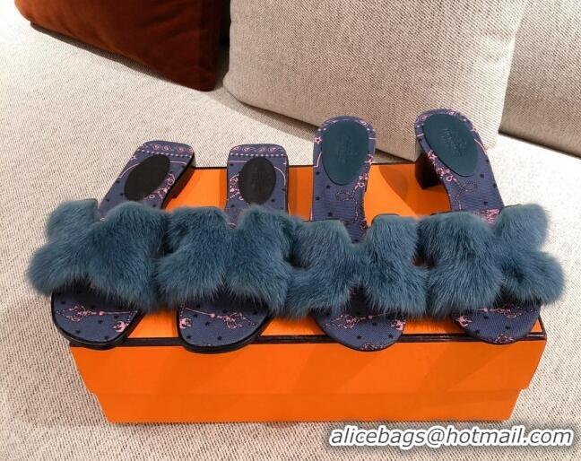 Hot Style Hermes Oran Mink Fur Flat Slide Sandals 081433 Dark Blue