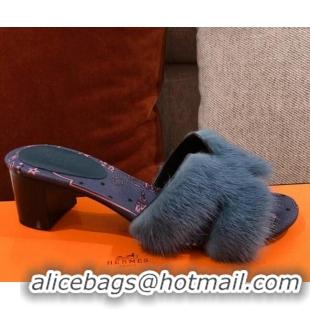 AAAAA Hermes Oran Mink Fur Heeled Slide Sandals 4.5 cm 081434 Dark Blue