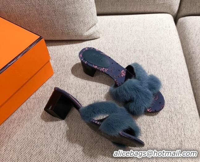 AAAAA Hermes Oran Mink Fur Heeled Slide Sandals 4.5 cm 081434 Dark Blue