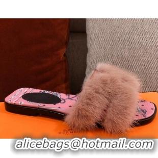 Sumptuous Hermes Oran Mink Fur Flat Slide Sandals 081435 Light Brown