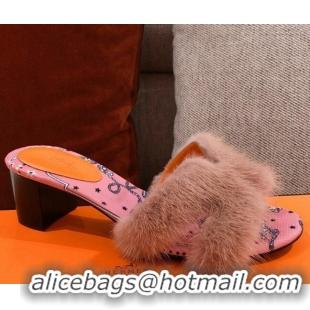 Perfect Hermes Oran Mink Fur Heeled Slide Sandals 4.5 cm 081436 Light Brown