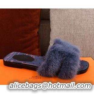 Sophisticated Hermes Oran Mink Fur Flat Slide Sandals 081437 Navy Blue