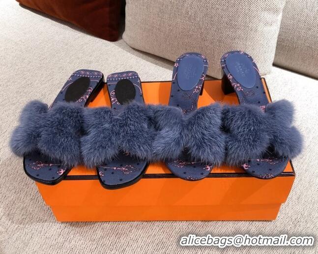 Sophisticated Hermes Oran Mink Fur Flat Slide Sandals 081437 Navy Blue