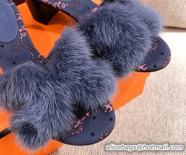 Sophisticated Hermes Oran Mink Fur Flat Slide Sandals 081437 Navy Blue