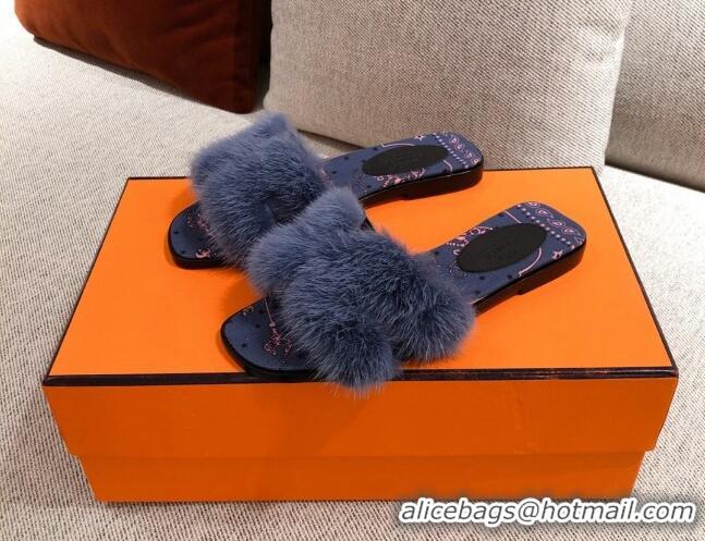 Sophisticated Hermes Oran Mink Fur Flat Slide Sandals 081437 Navy Blue