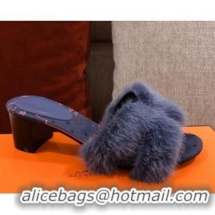 Stylish Hermes Oran Mink Fur Heeled Slide Sandals 4.5 cm 081438 Navy Blue