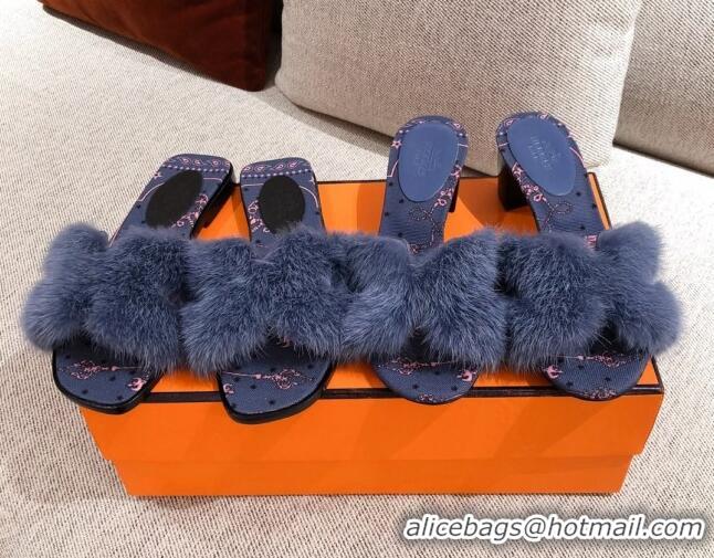 Stylish Hermes Oran Mink Fur Heeled Slide Sandals 4.5 cm 081438 Navy Blue