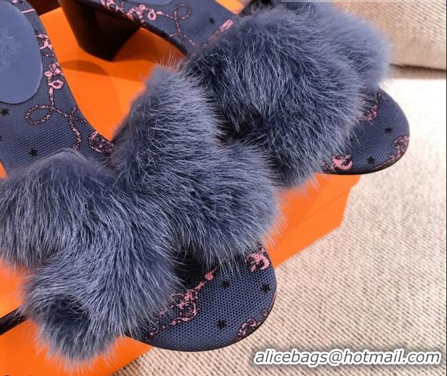 Stylish Hermes Oran Mink Fur Heeled Slide Sandals 4.5 cm 081438 Navy Blue