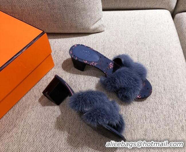 Stylish Hermes Oran Mink Fur Heeled Slide Sandals 4.5 cm 081438 Navy Blue