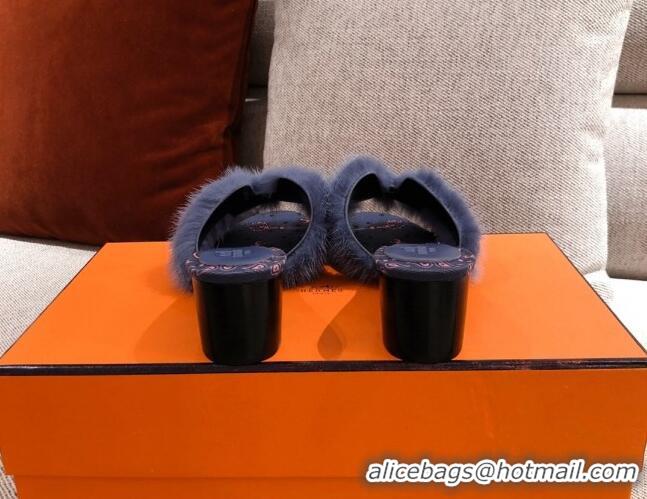 Stylish Hermes Oran Mink Fur Heeled Slide Sandals 4.5 cm 081438 Navy Blue