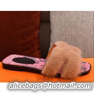 Low Cost Hermes Oran Mink Fur Flat Slide Sandals 081439 Camel Brown