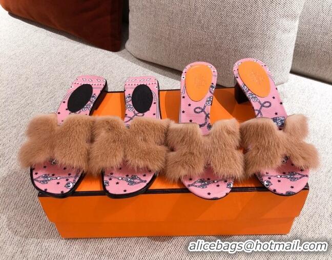 Low Cost Hermes Oran Mink Fur Flat Slide Sandals 081439 Camel Brown