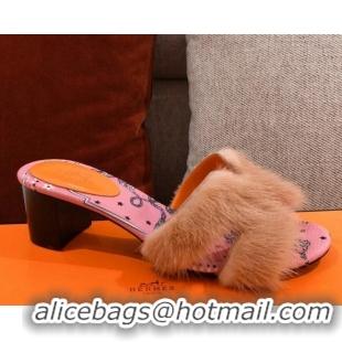 Duplicate Hermes Oran Mink Fur Heeled Slide Sandals 081440 Camel Brown