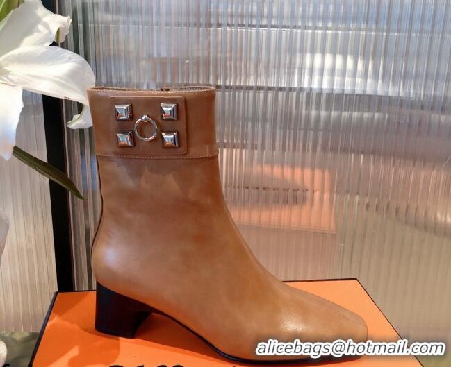 Luxury Hermes Calfskin Studded Short Boots 081650 Brown 2021