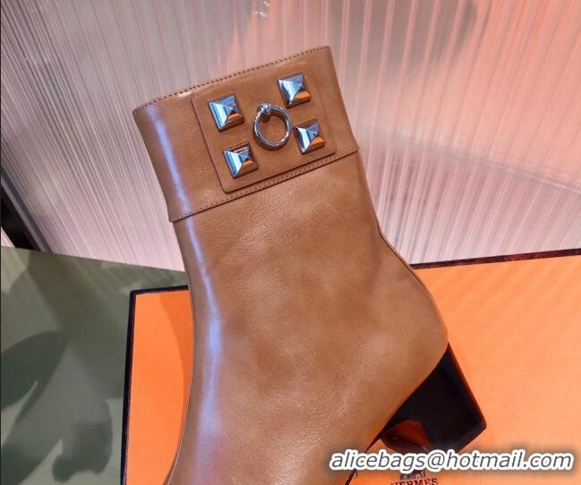 Luxury Hermes Calfskin Studded Short Boots 081650 Brown 2021