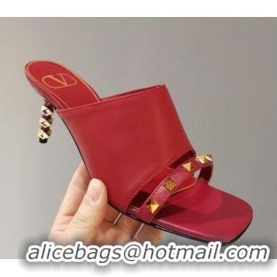 New Design Valentino Roman Stud Lambskin Heel Mules 7cm 030883 Red 2021