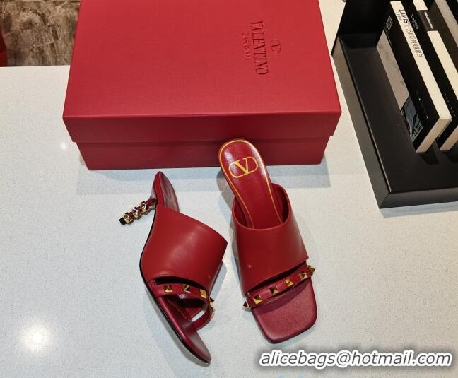 New Design Valentino Roman Stud Lambskin Heel Mules 7cm 030883 Red 2021