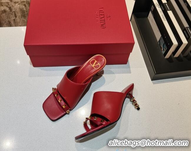 New Design Valentino Roman Stud Lambskin Heel Mules 7cm 030883 Red 2021