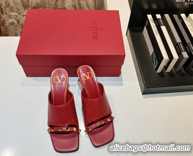 New Design Valentino Roman Stud Lambskin Heel Mules 7cm 030883 Red 2021