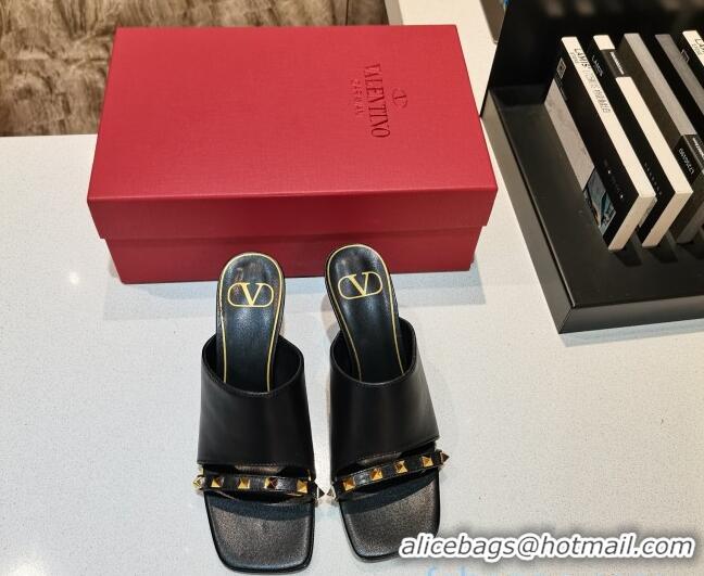 Perfect Valentino Roman Stud Lambskin Heel Mules 7cm 030883 Black 2021