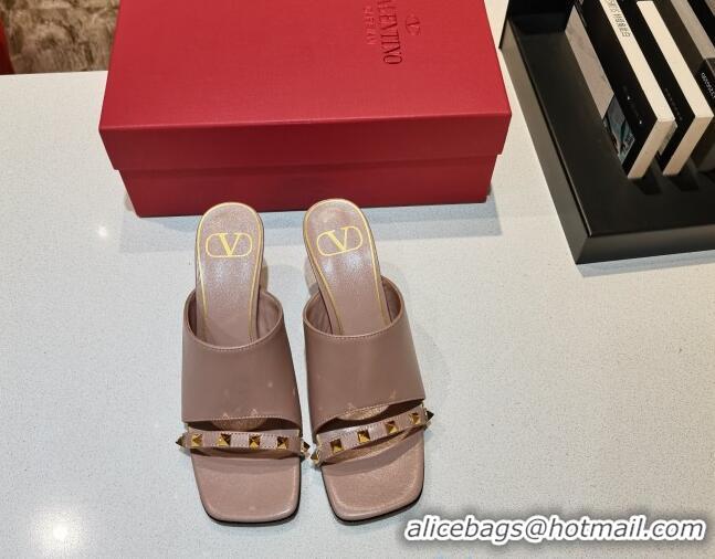 Good Quality Valentino Roman Stud Lambskin Heel Mules 7cm 030883 Light Pink 2021