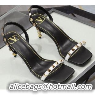 Cute Valentino Roman Stud Calfskin Heel Sandals 7cm 032916 Black/White