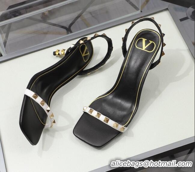 Cute Valentino Roman Stud Calfskin Heel Sandals 7cm 032916 Black/White