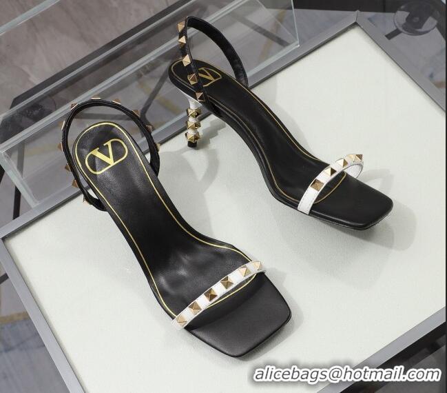 Cute Valentino Roman Stud Calfskin Heel Sandals 7cm 032916 Black/White