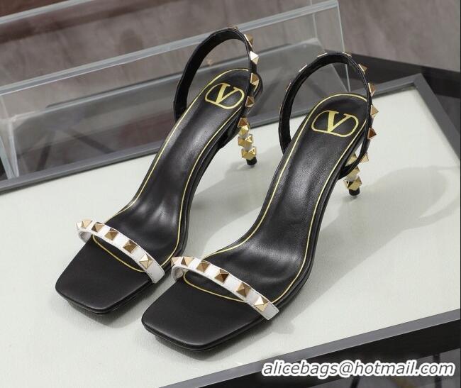 Cute Valentino Roman Stud Calfskin Heel Sandals 7cm 032916 Black/White