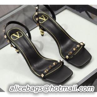 Unique Grade Valentino Roman Stud Calfskin Heel Sandals 7cm 032916 Black/Gold