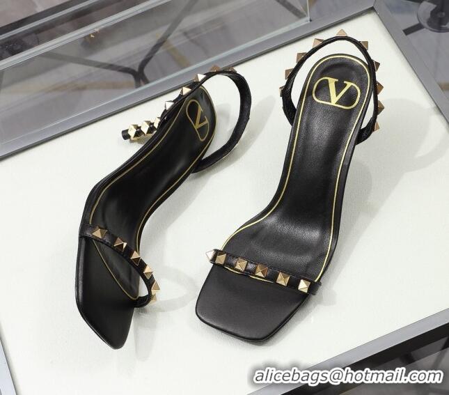 Unique Grade Valentino Roman Stud Calfskin Heel Sandals 7cm 032916 Black/Gold