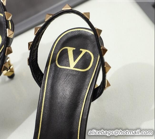 Unique Grade Valentino Roman Stud Calfskin Heel Sandals 7cm 032916 Black/Gold