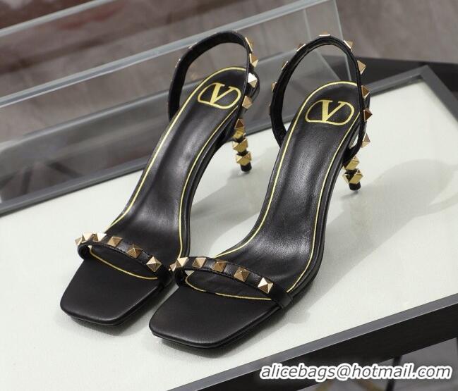 Unique Grade Valentino Roman Stud Calfskin Heel Sandals 7cm 032916 Black/Gold