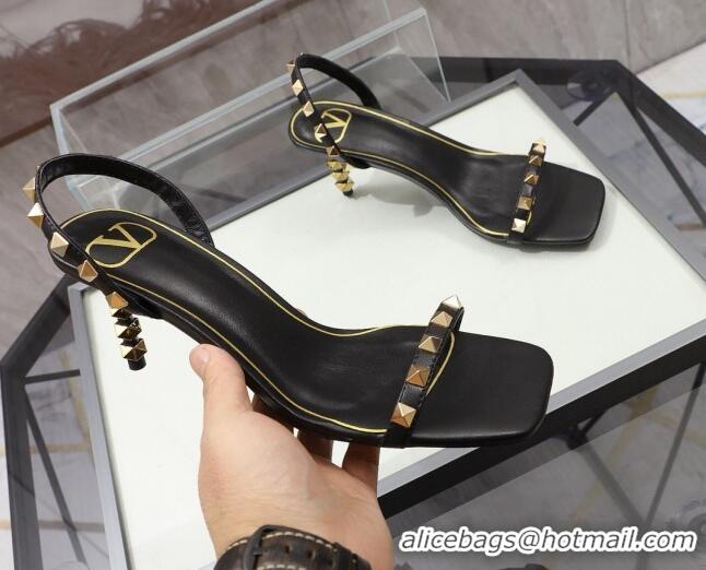 Unique Grade Valentino Roman Stud Calfskin Heel Sandals 7cm 032916 Black/Gold