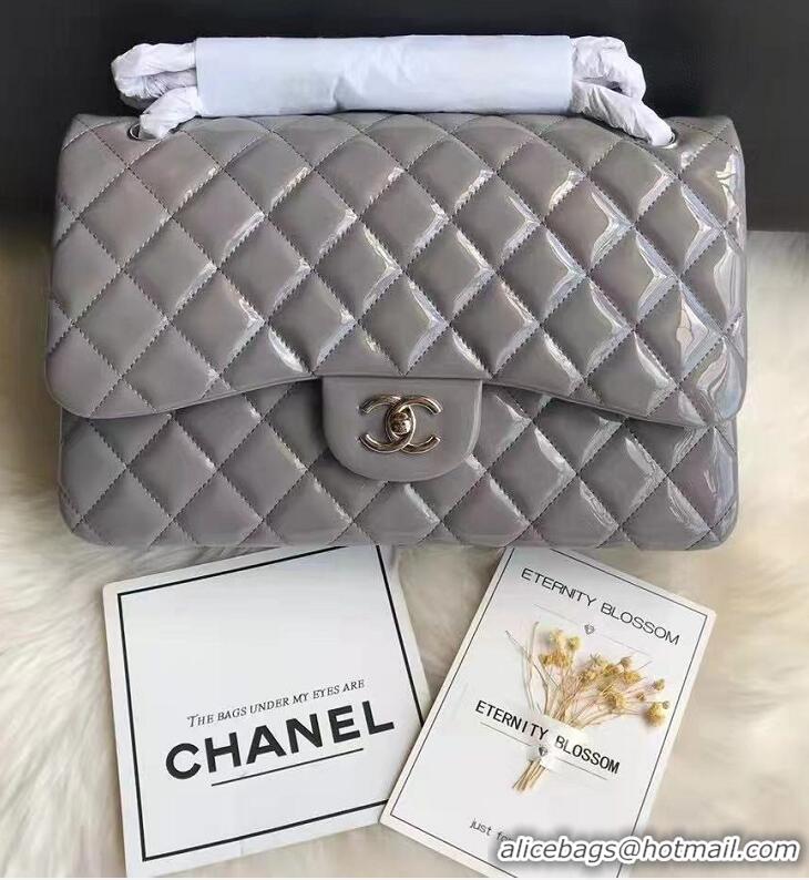 Discount Chanel Quilted Patent Leather Large Flap Bag A1113 Light Gray/Silver 2021