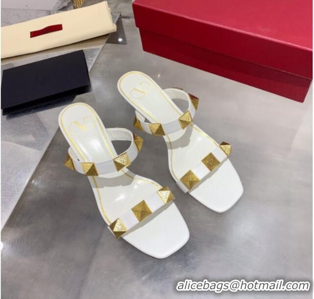 Top Design Valentino Rockstud Double Strap Heel Slide Sandals 061524 White 2021