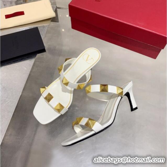 Top Design Valentino Rockstud Double Strap Heel Slide Sandals 061524 White 2021