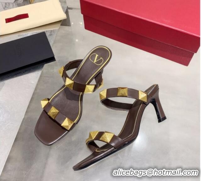 Best Product Valentino Rockstud Double Strap Heel Slide Sandals 061524 Brown 2021