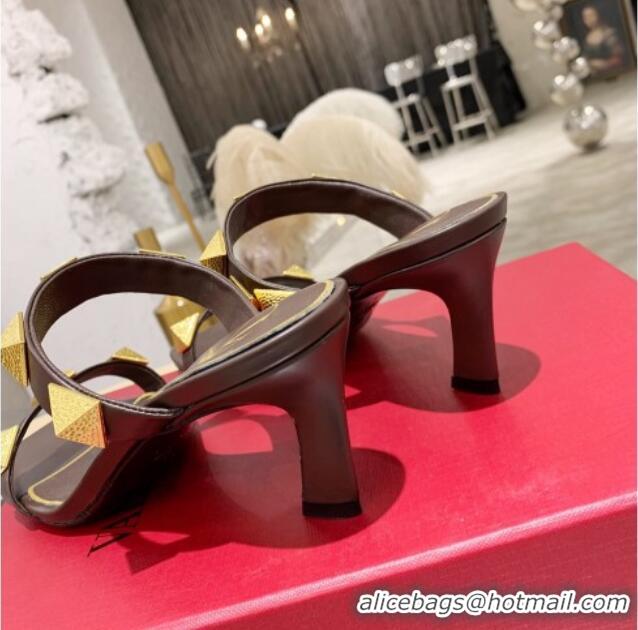 Best Product Valentino Rockstud Double Strap Heel Slide Sandals 061524 Brown 2021