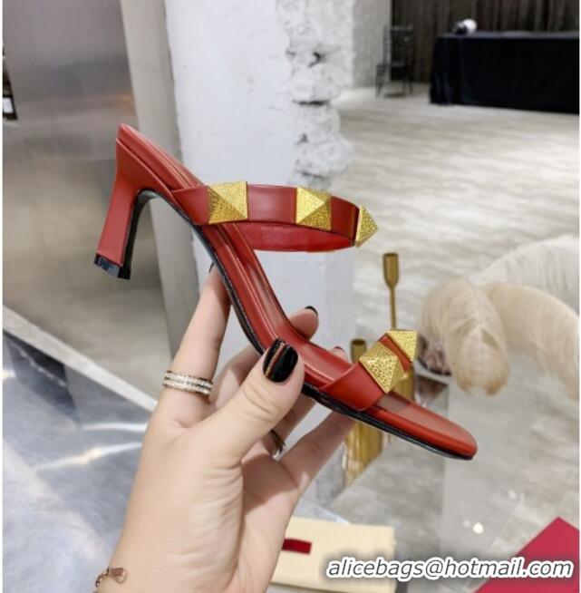 Best Grade Valentino Rockstud Double Strap Heel Slide Sandals  6.5 cm 061524 Red 2021