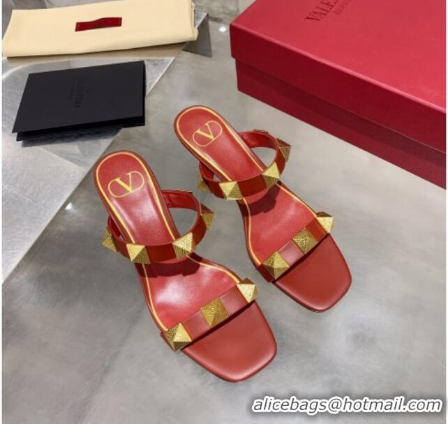 Best Grade Valentino Rockstud Double Strap Heel Slide Sandals  6.5 cm 061524 Red 2021