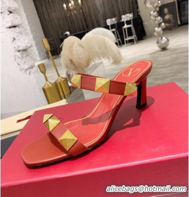 Best Grade Valentino Rockstud Double Strap Heel Slide Sandals  6.5 cm 061524 Red 2021