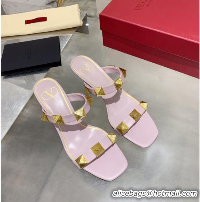 Shop Duplicate Valentino Rockstud Double Strap Heel Slide Sandals  6.5 cm 061524 Pink 2021