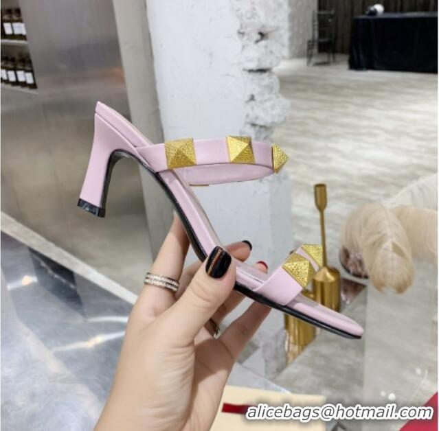 Shop Duplicate Valentino Rockstud Double Strap Heel Slide Sandals  6.5 cm 061524 Pink 2021